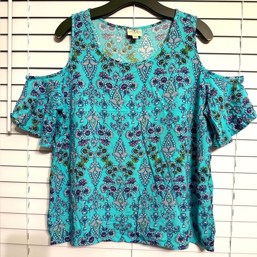 St. John's Bay Teal Floral Cold Shoulder Blouse Size PXL